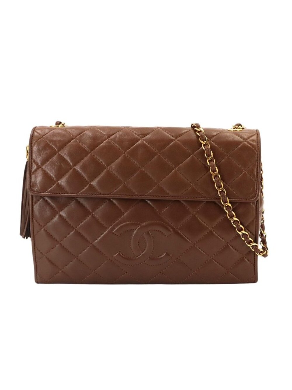 Chanel Quilted Chain Shoulder Bag Fringe Leather Brown Gold Vintage